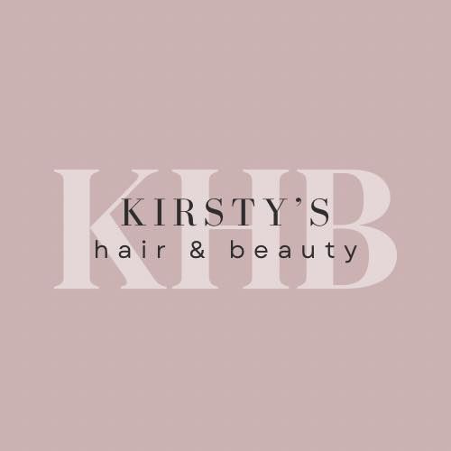 A minimal hair and beauty logo design in pink with 'Kirsty's hair & beauty' text and KB monogram.