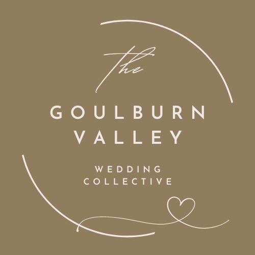 The Goulburn Valley Wedding Collective logo on a warm taupe background with elegant white script and serif typography.