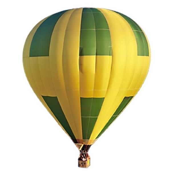 Green and yellow hot air balloon floating in blue sky with progressive movement shown in sequence.