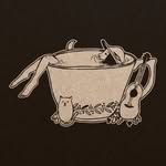 Simple black and white illustration of a tea or coffee cup with owl decorations on a dark background.