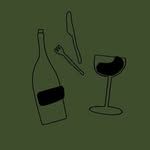 Minimalist line art of a wine bottle, corkscrew, and wine glass on olive green background.