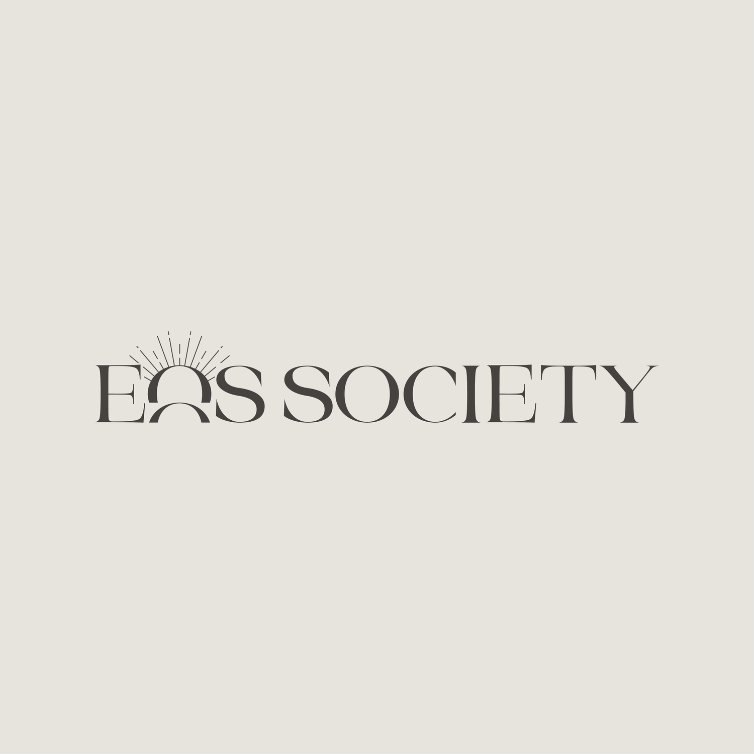 A minimalist logo design featuring 'EOS SOCIETY' text in a sophisticated serif font with a small sun symbol above.