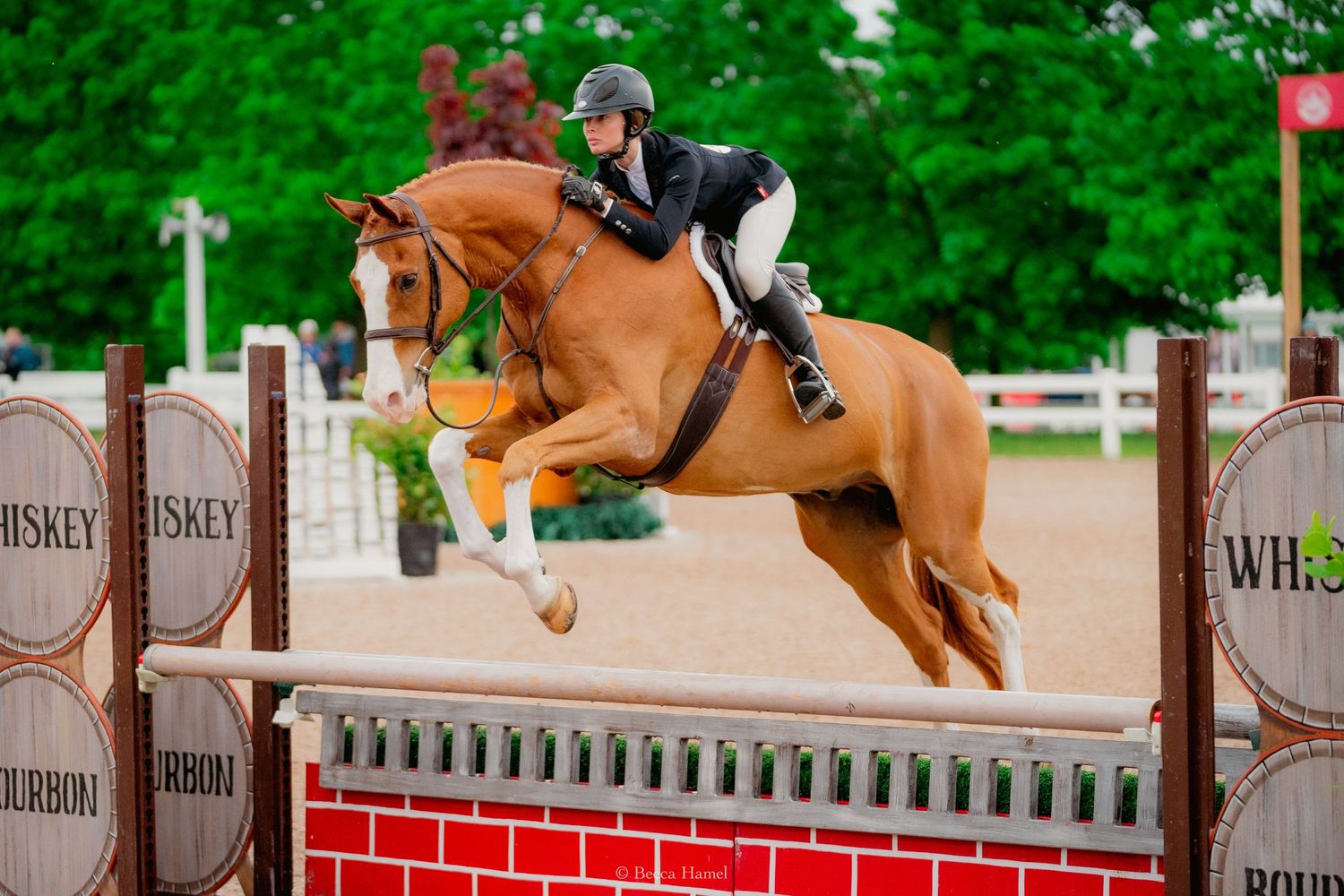 A chestnut horse and rider soar over a red and white show jumping fence during an equestrian competition.