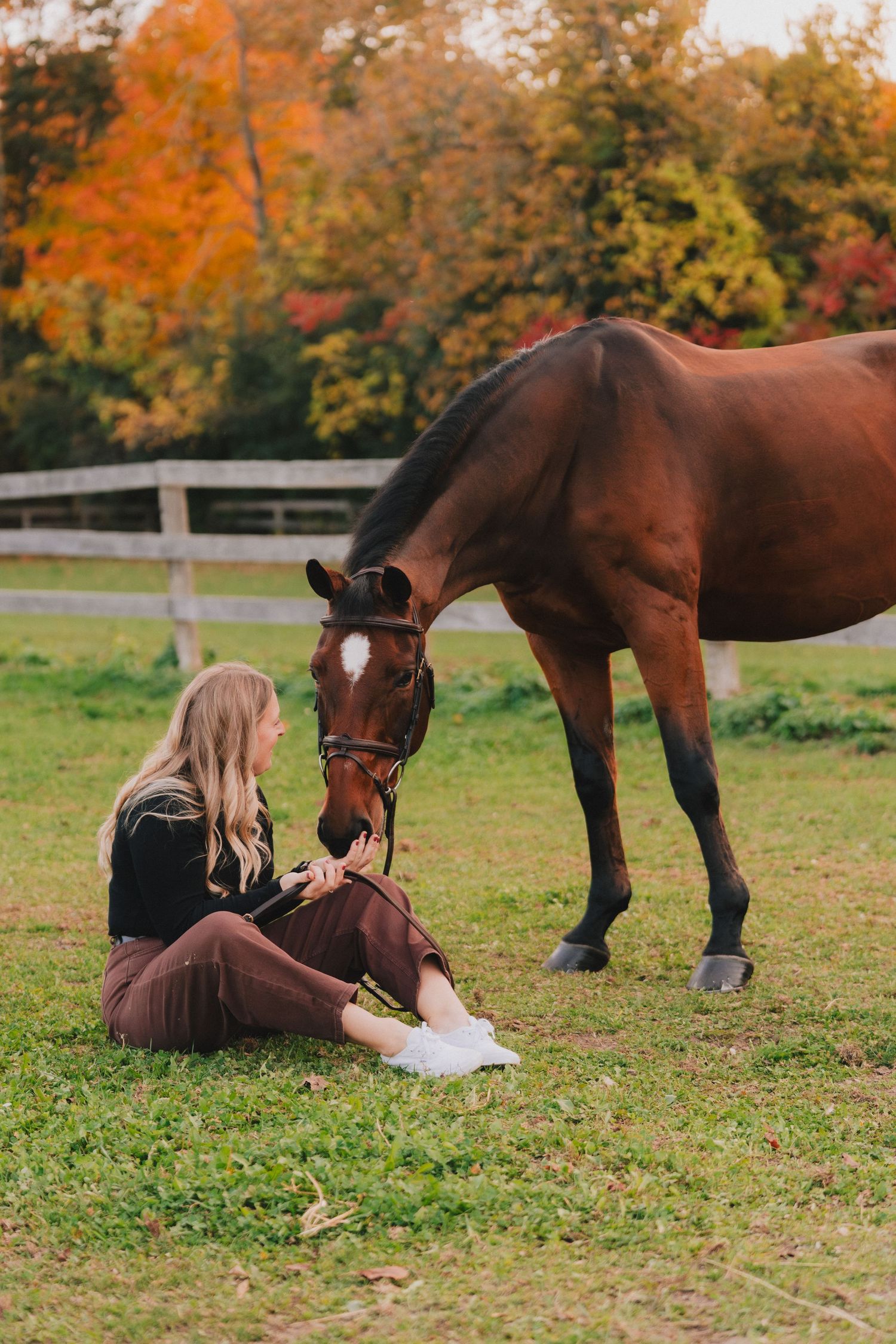 A brown horse and person lie together on autumn grass with vibrant orange fall foliage in the background.