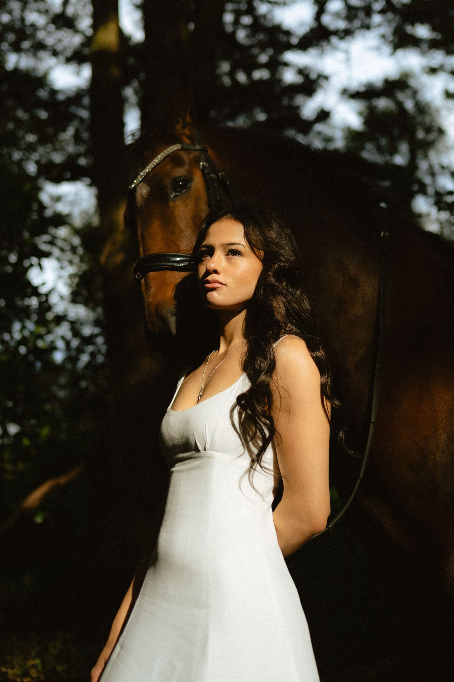 Woman in white dress stands beside a brown horse in a sunlit forest setting.
