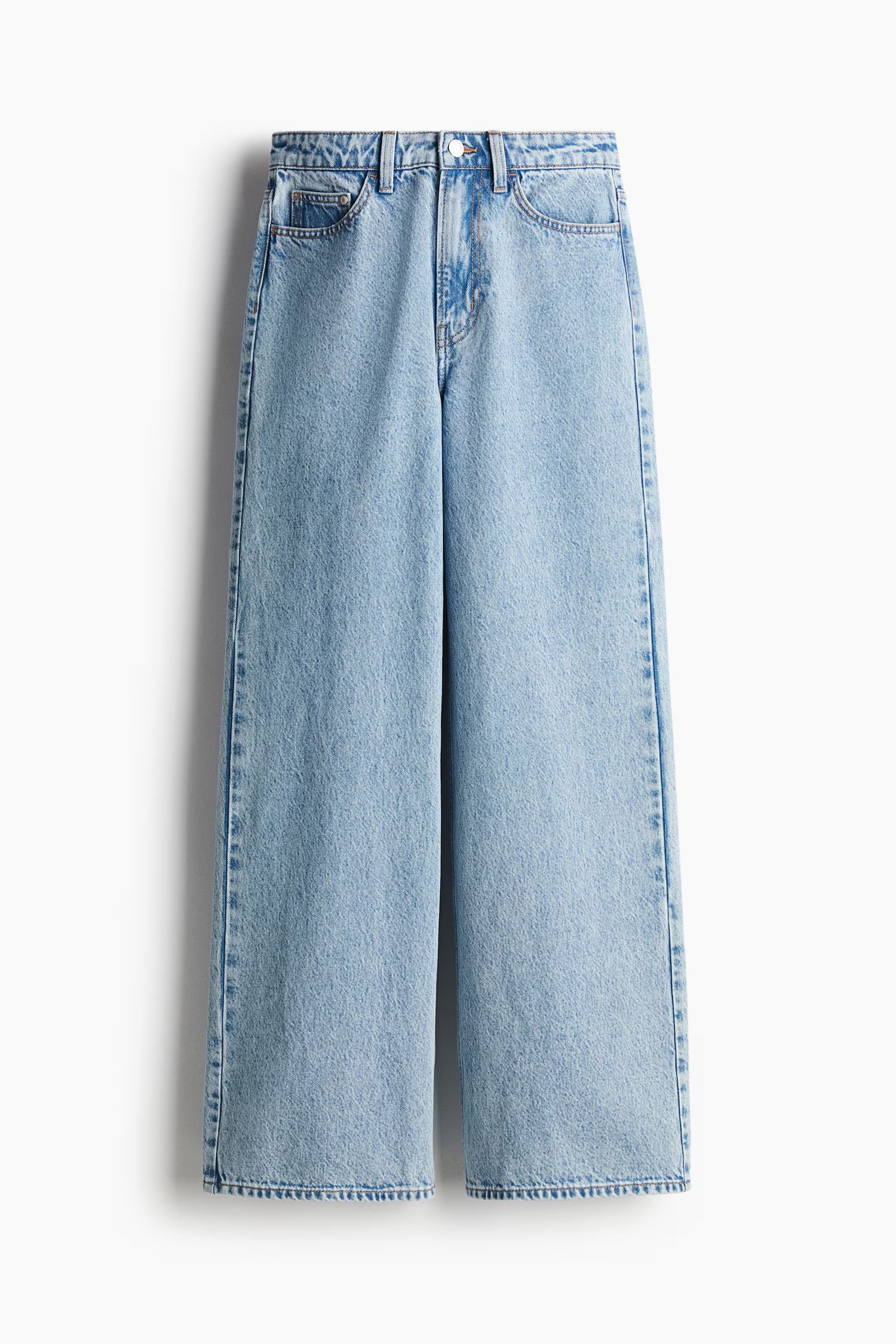 Light blue wide-leg high-waist women's denim jeans with classic five-pocket styling and relaxed fit.