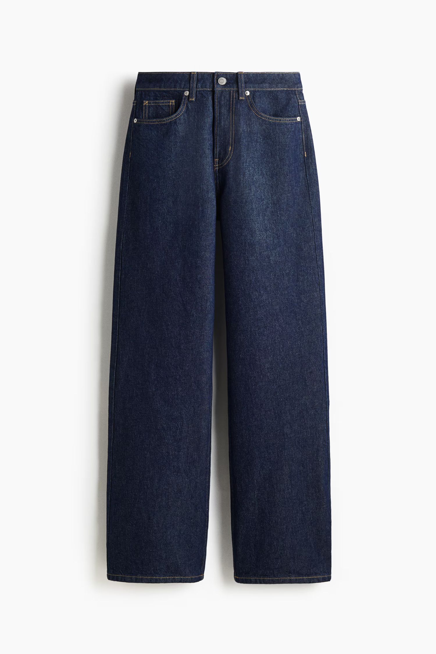 Dark navy blue wide-leg jeans with classic 5-pocket styling and relaxed fit silhouette.