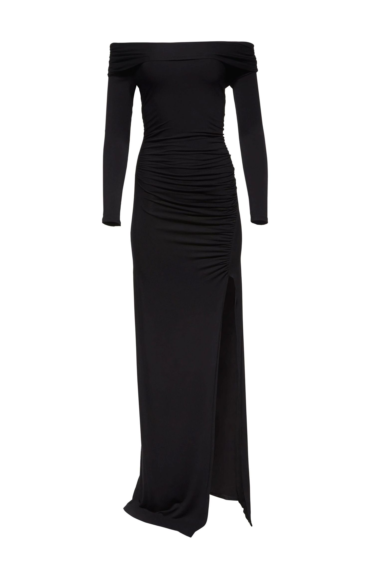 Black off-shoulder ruched maxi dress with long sleeves and side slit on white background.