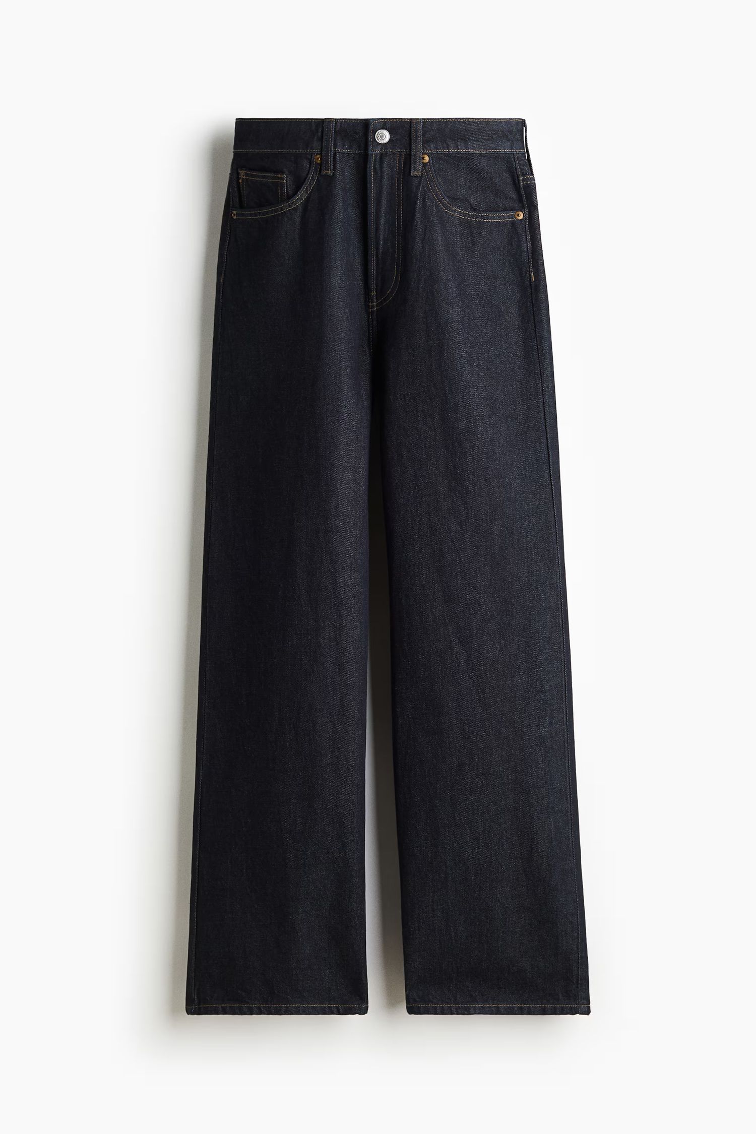 Dark navy blue wide-leg high-waist denim jeans with classic five-pocket design and straight cut silhouette.