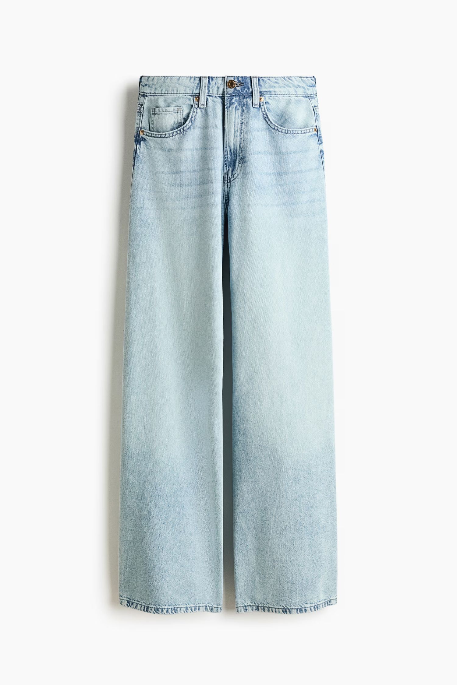 Light wash wide-leg jeans with a high rise, five-pocket design, and relaxed fit in pale blue denim.