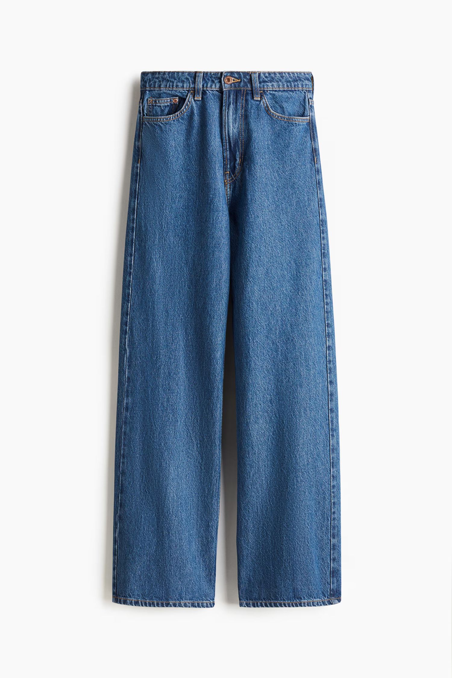 Wide-leg high-waist medium blue denim jeans with classic five-pocket styling and straight silhouette.