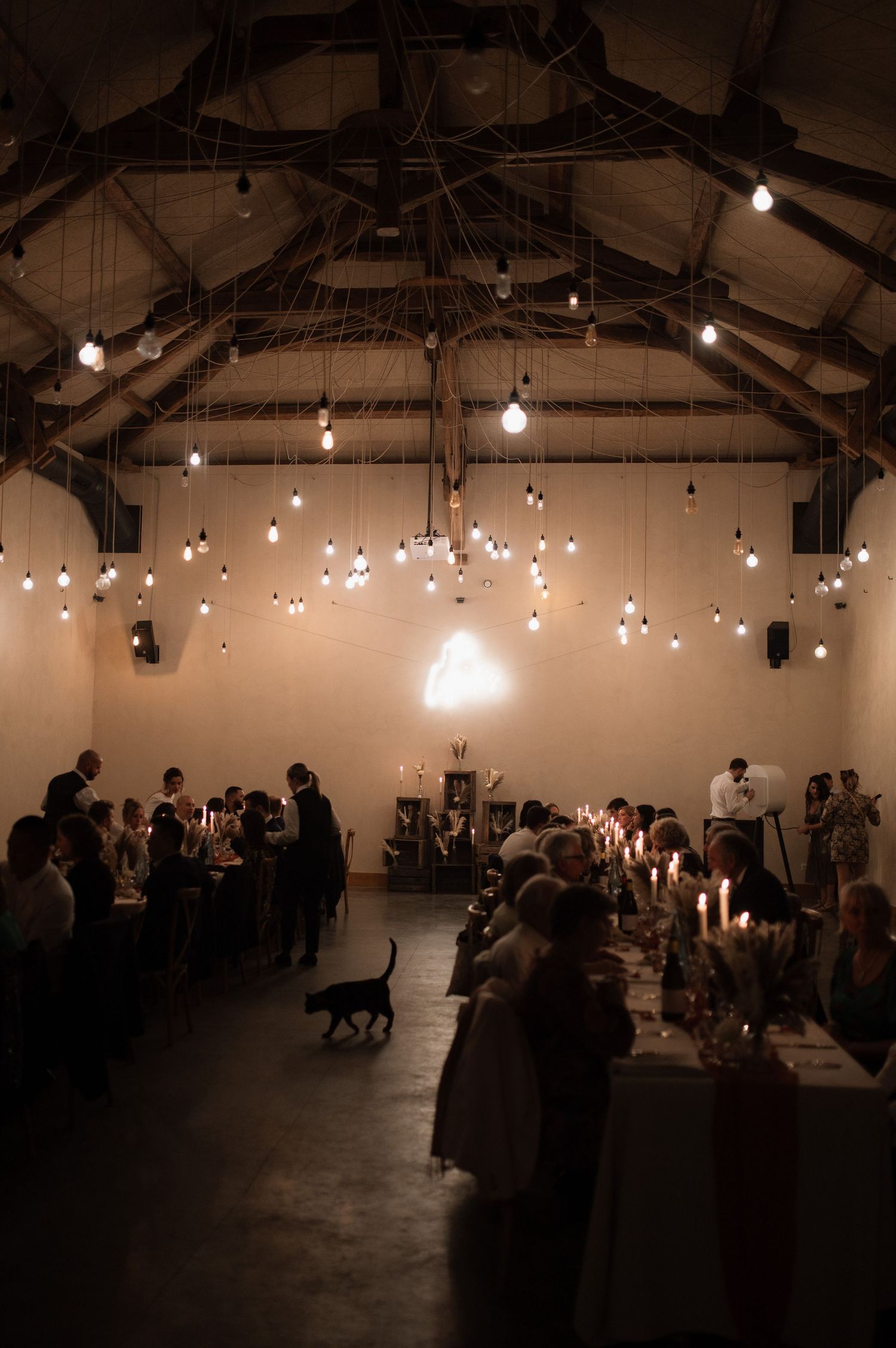 Rustic barn wedding reception with Edison bulb string lights, candlelit long tables, and guests dining under exposed wooden beams.