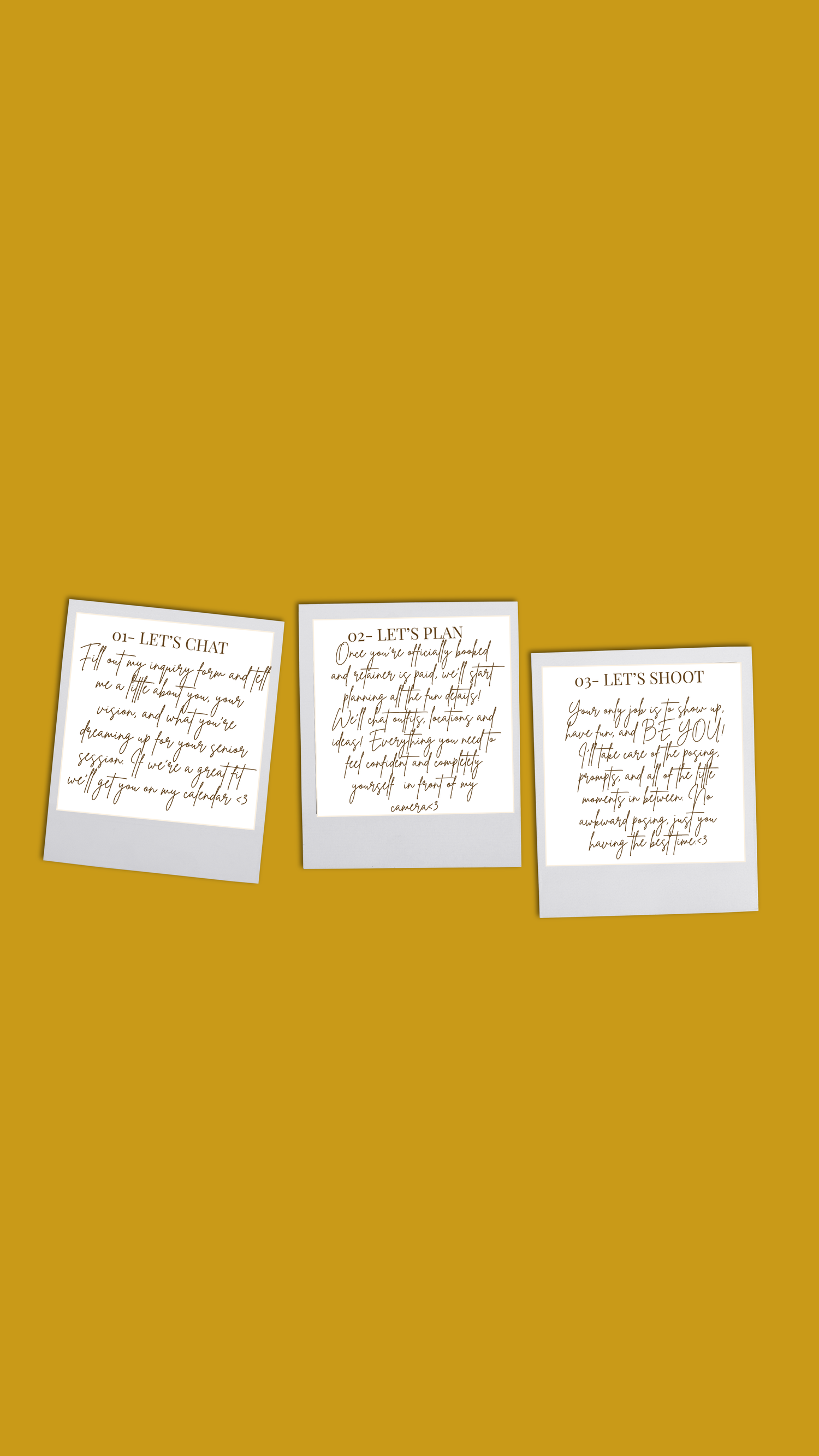 Senior photography welcome cards displayed on a mustard background