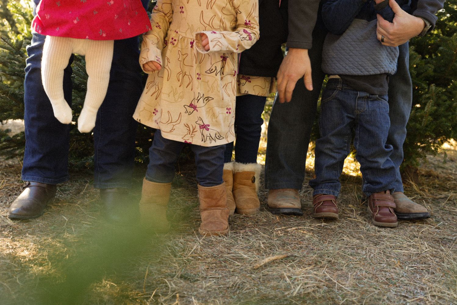 Low angle view of children's legs and feet standing together on dirt ground near a tree trunk.