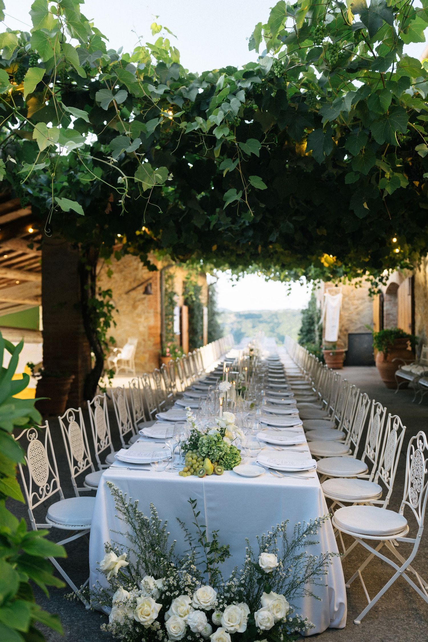 Elegant outdoor wedding reception with long white table, white floral arrangements, and lush green vine canopy.