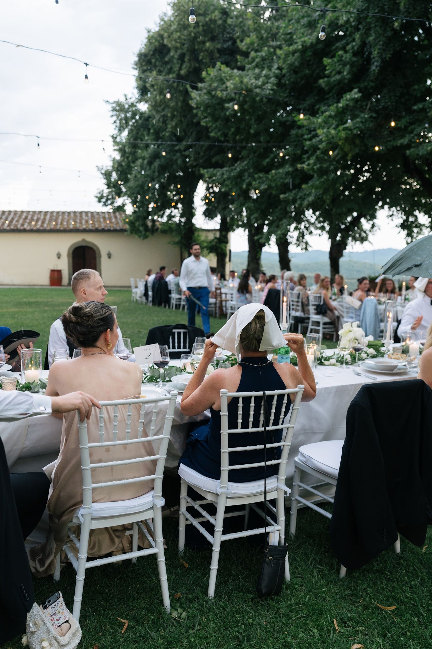 Wedding guests seated at elegant outdoor reception tables on green lawn with string lights.
