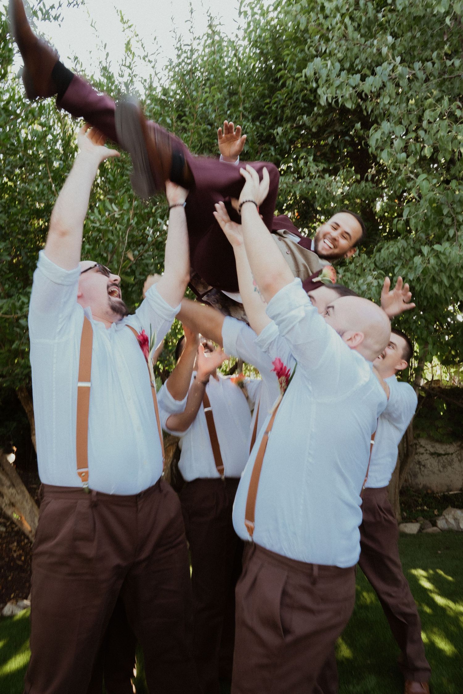 Groomsmen in white shirts and suspenders joyfully toss the groom into the air outdoors at a wedding celebration.