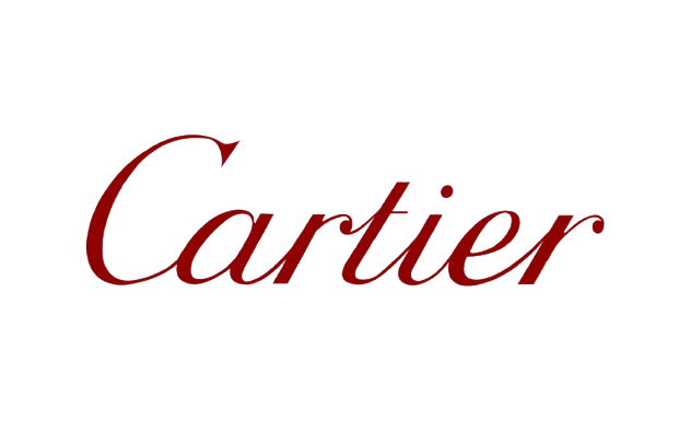 Cartier luxury brand logo in elegant dark red cursive script on white background.