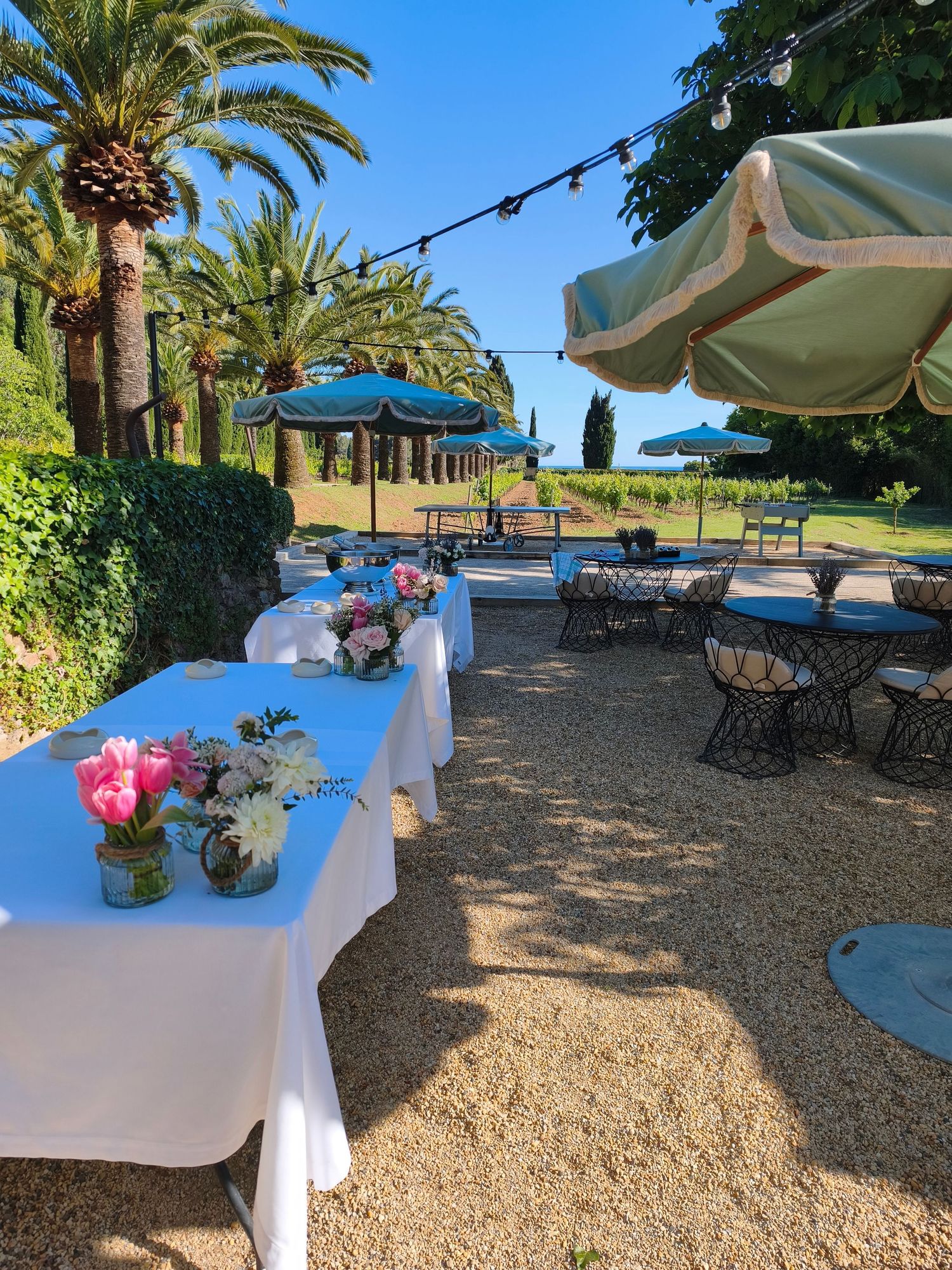 Outdoor garden dining setup with white tablecloths, pink floral centerpieces, and palm trees under blue sky.