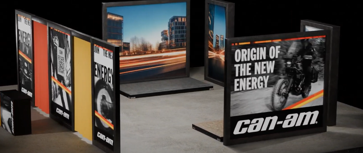 Can-Am electric motorcycle brand exhibit display with Origin of New Energy signage.
