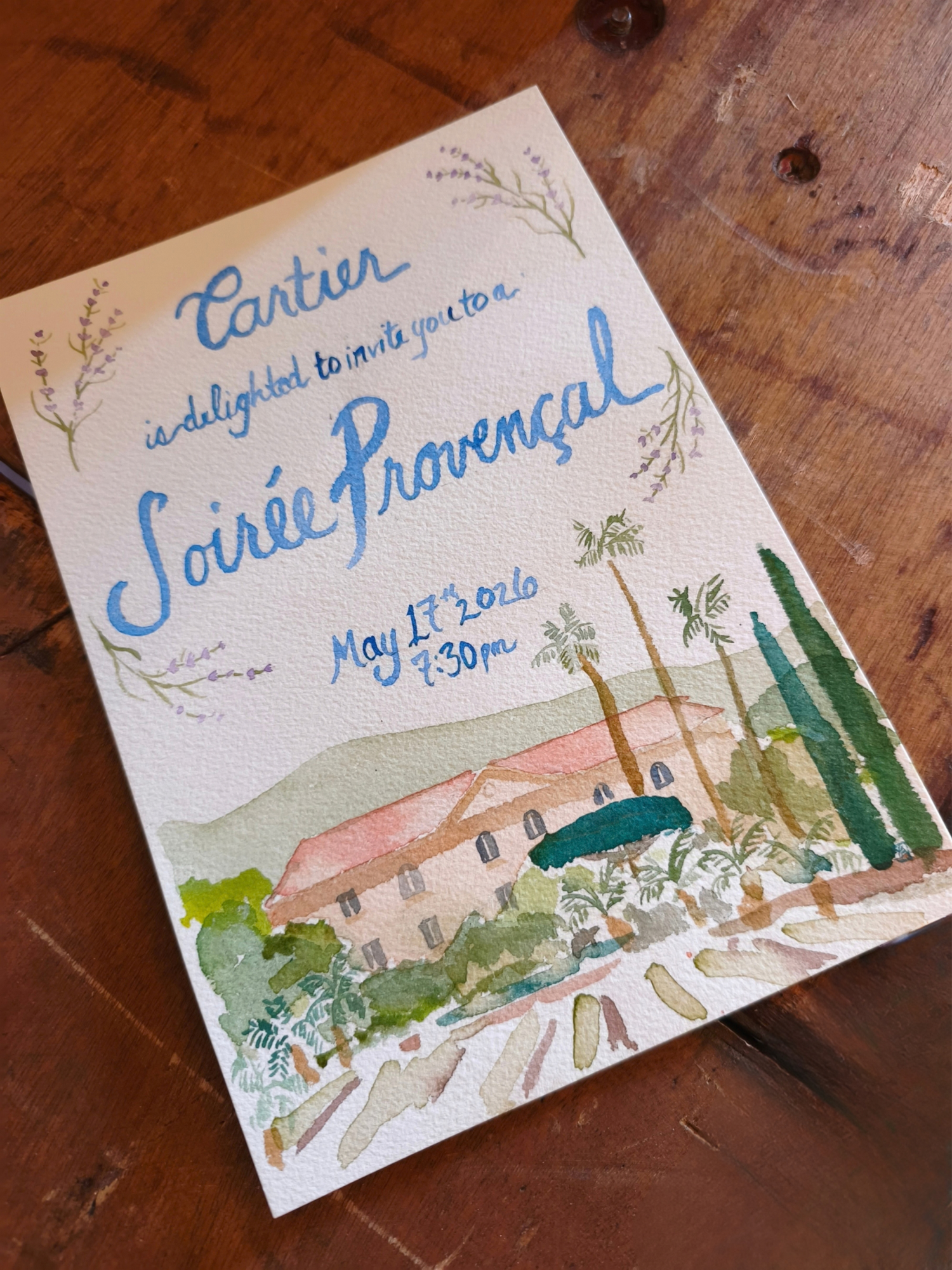 Watercolor painted Cartier invitation for Soiree Provencal event on May 17th 2026 at 7:30pm.