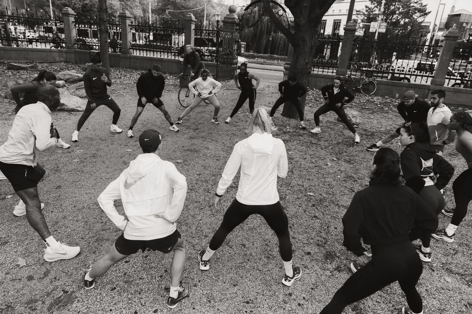 Black and white aerial view of group outdoor fitness class stretching in park surrounded by trees.
