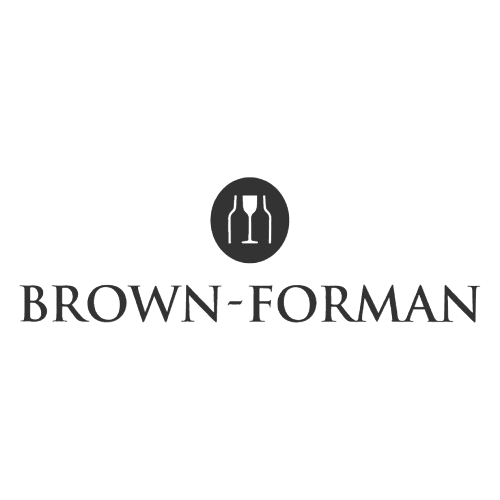 Brown-Forman spirits company logo in grayscale with dark oval emblem and bottle icons.