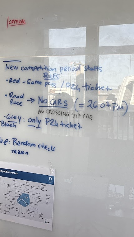 Whiteboard displaying critical competition period rules including red game pass and road race regulations.