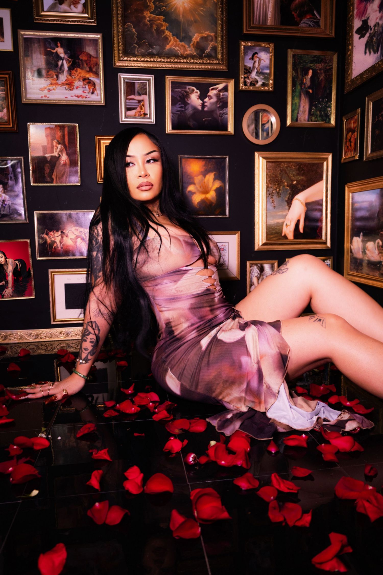Gold frame art wall featuring layered vintage frames,  artistic portraits, fashion editorials, birthdays, and creative photoshoot Las Vegas