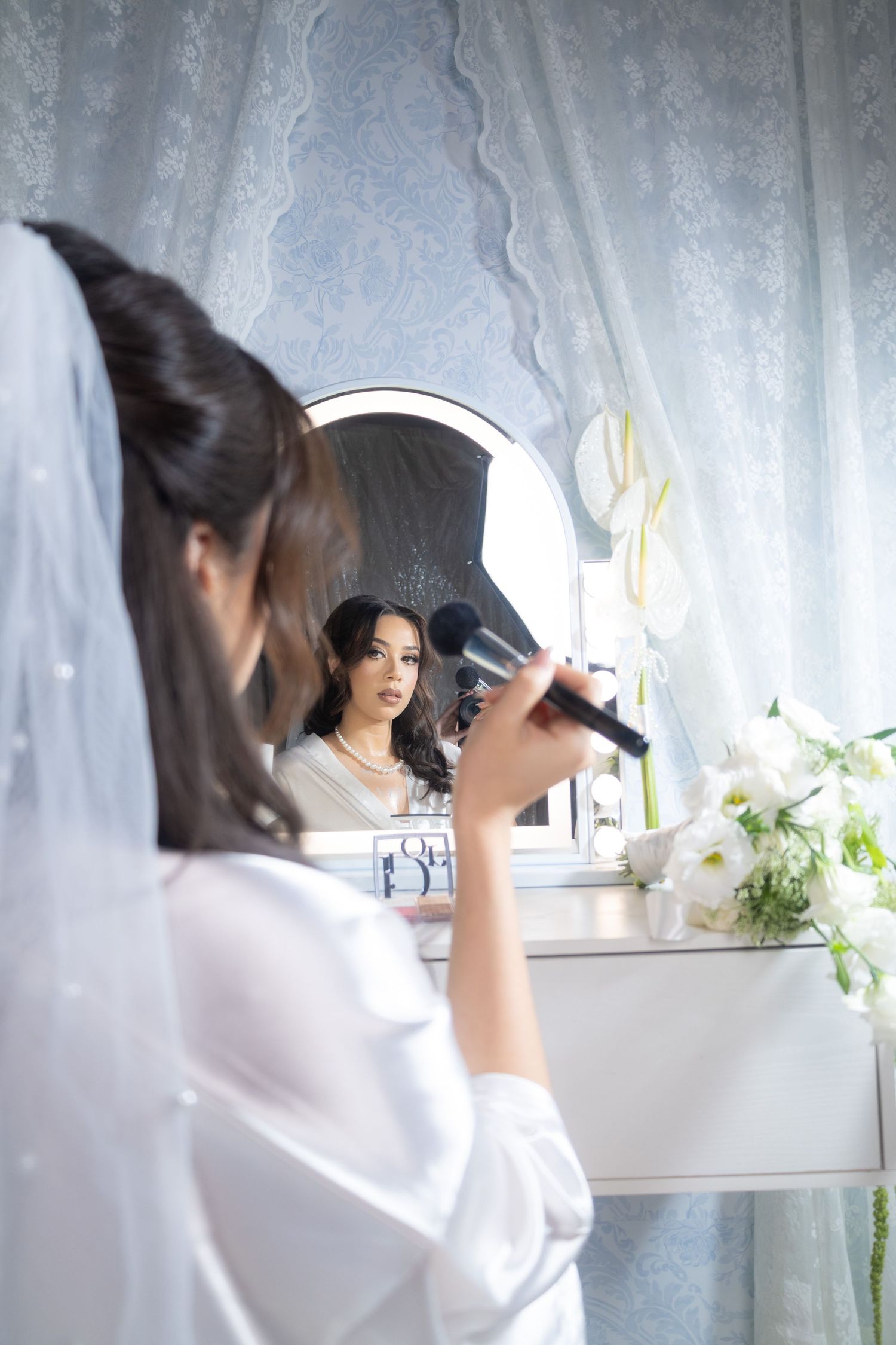 Blue Old Hollywood vanity photography set with vintage décor, ideal for elegant BRIDAL photoshoots at Hidden Frames Studio in Las Vegas.