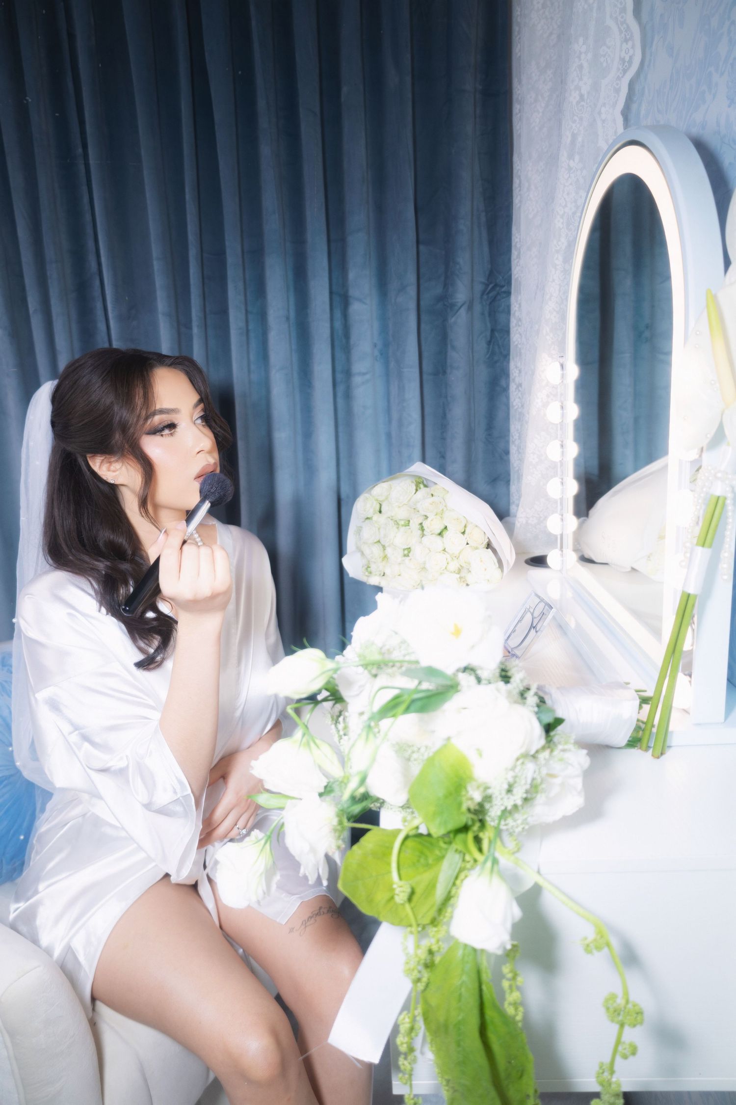 Blue Old Hollywood vanity photography set with vintage décor, ideal for elegant BRIDAL photoshoots at Hidden Frames Studio in Las Vegas.
