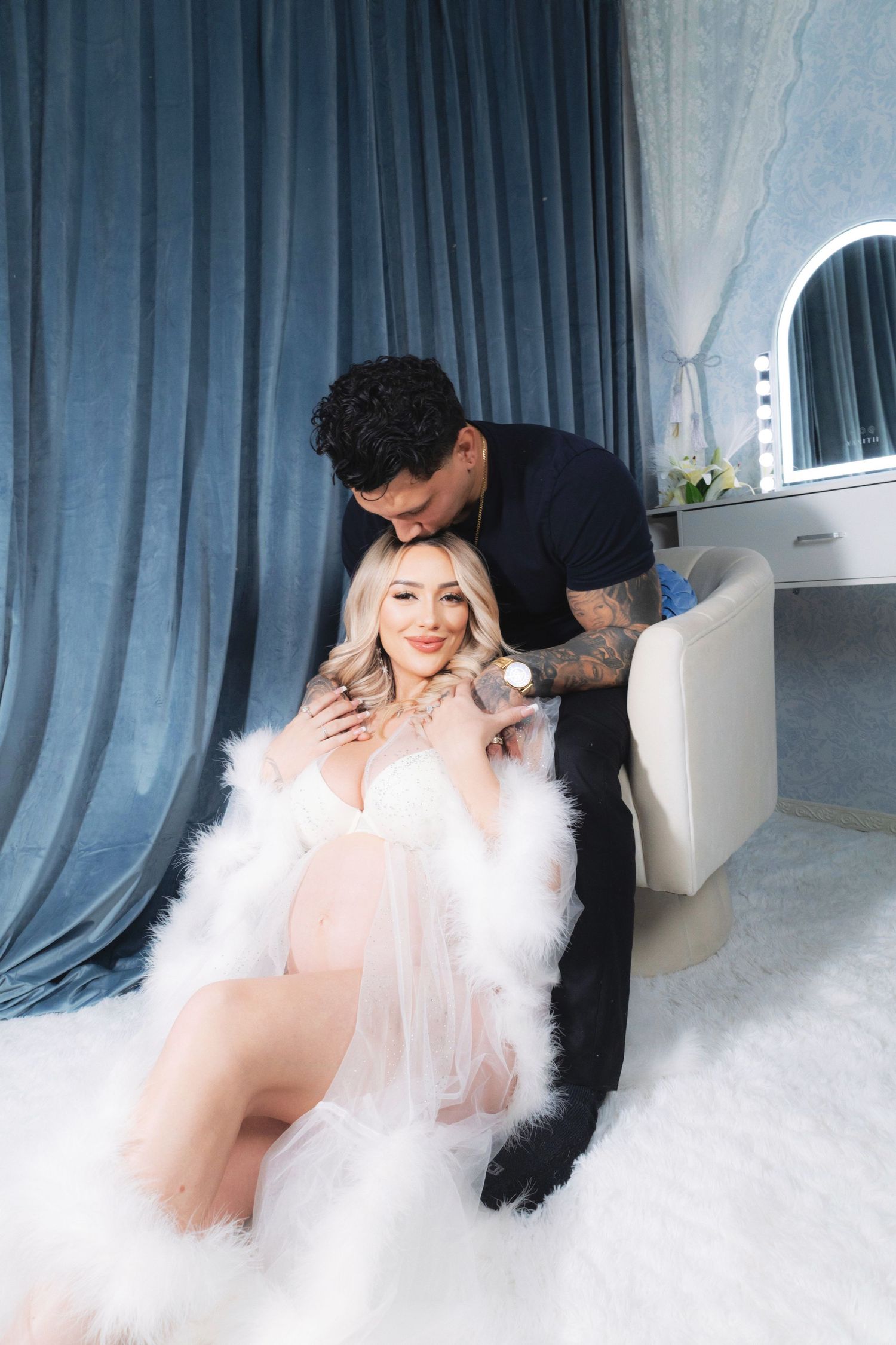 Blue Old Hollywood vanity photography set with vintage décor, ideal for elegant maternity photoshoots at Hidden Frames Studio in Las Vegas.