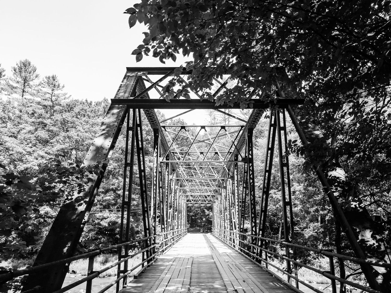 Black and white perspective view looking through a rustic iron truss bridge surrounded by trees.