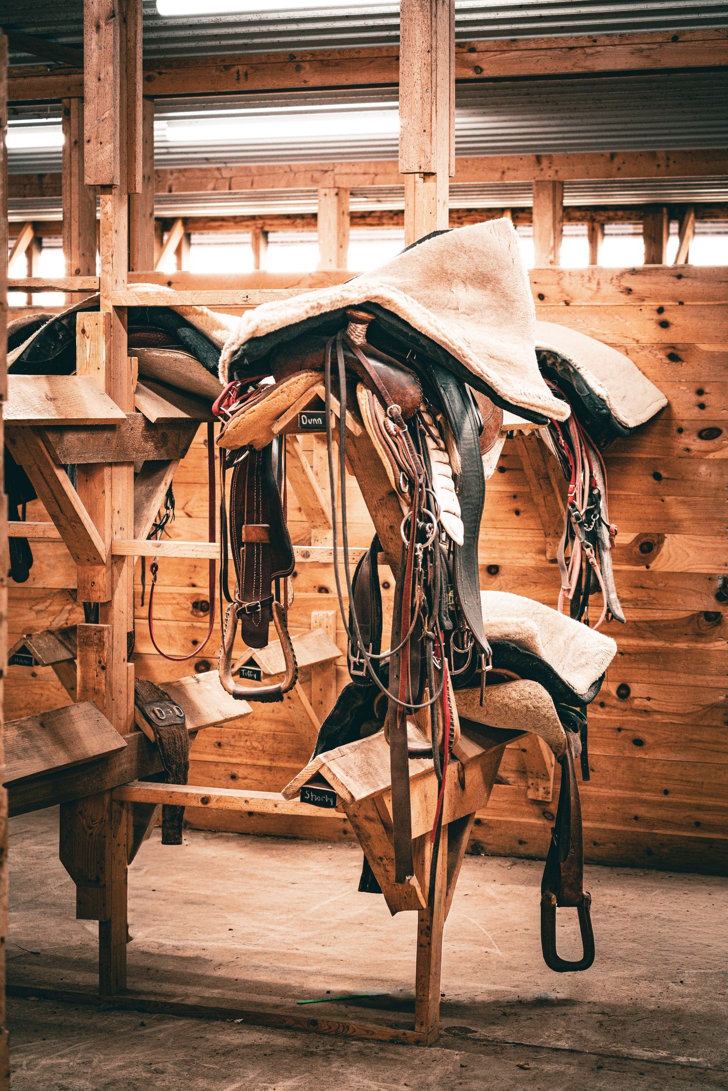 Western horse saddles and bridles displayed on a wooden rack inside a rustic barn.