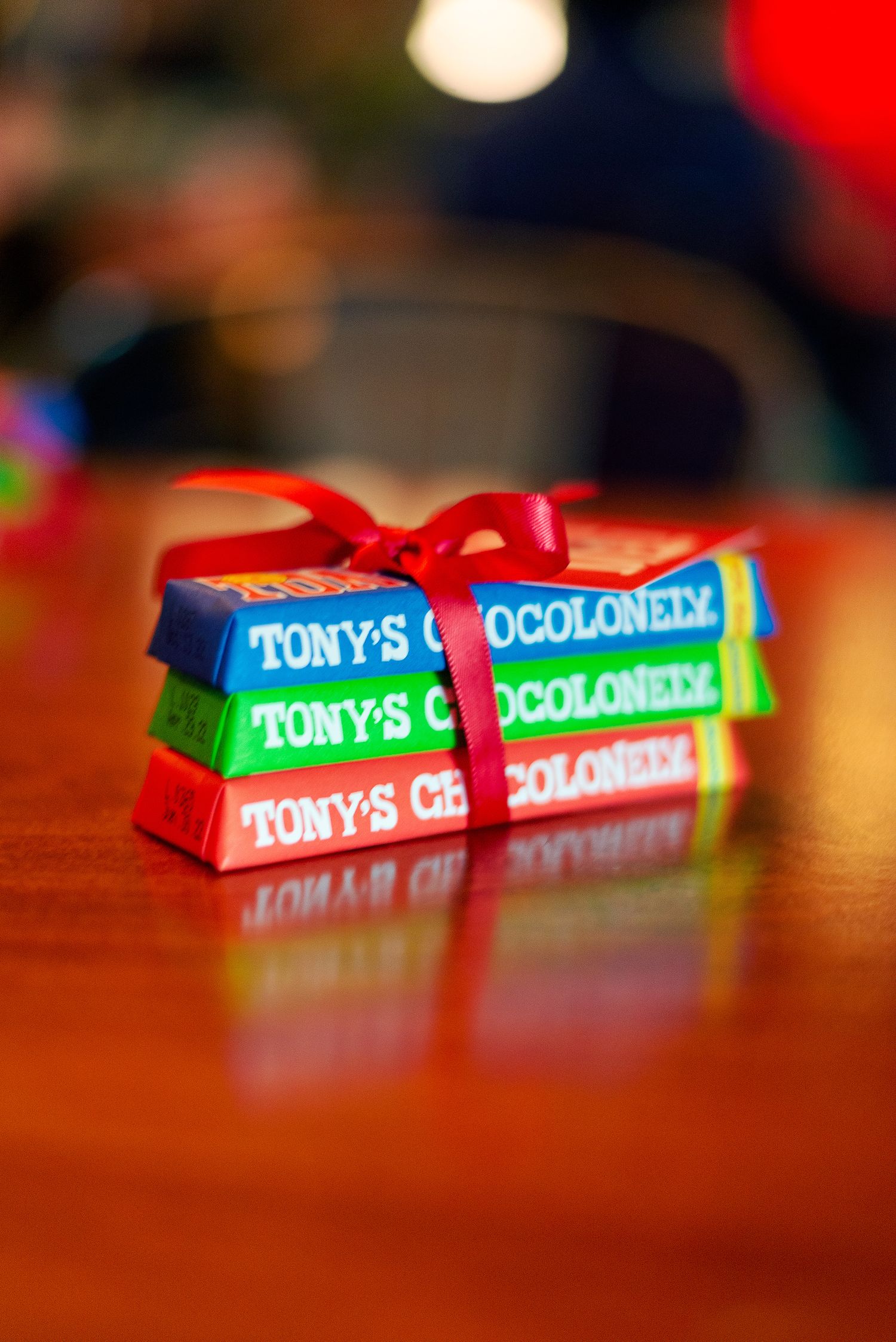 Stack of Tony's Chocolonely bars.