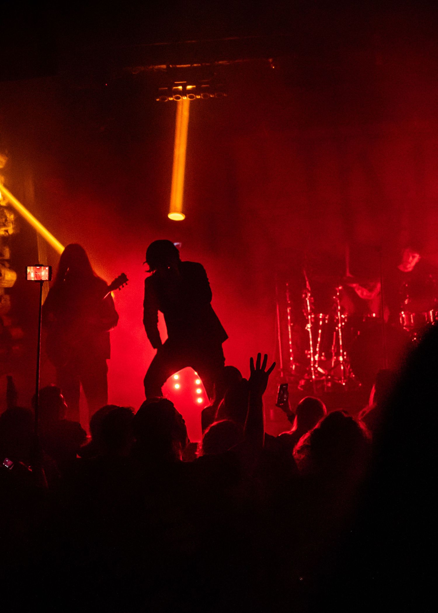 Silhouetted performers and crowd at a rock concert bathed in dramatic red stage lighting.