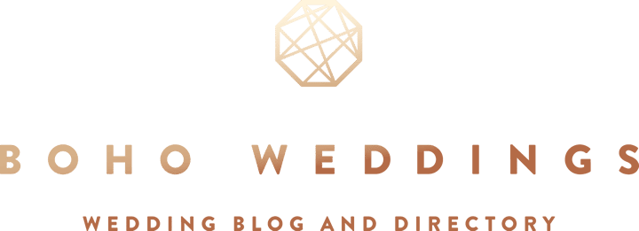 Elegant gold Boho Weddings logo with ornate geometric design and text.