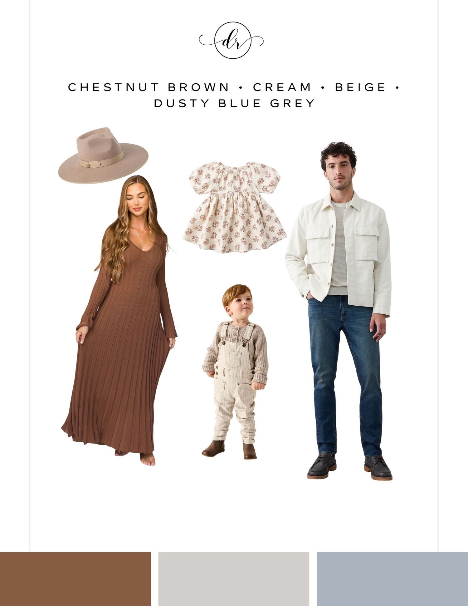 Family photo outfit inspiration in chestnut brown, cream, beige, and dusty blue grey featuring coordinated looks for mom, dad, and toddler.