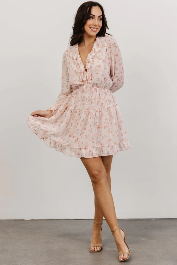 Pink floral print babydoll dress with bell sleeves shown from different angles.