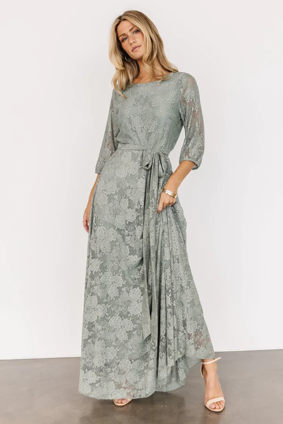 A sage green lace maxi dress with flutter sleeves shown from multiple angles.