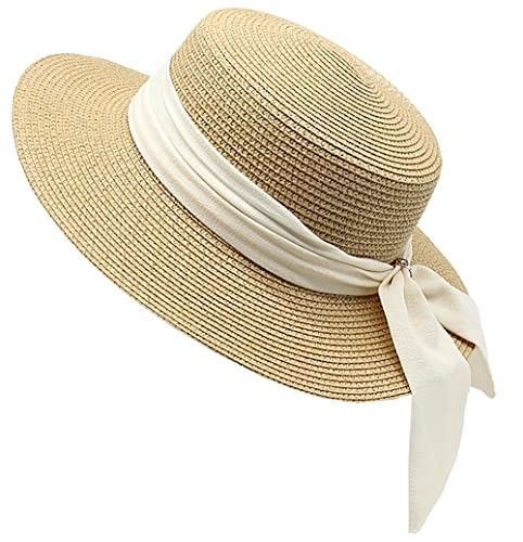 A straw sun hat with white ribbon trim shown at different angles against white background.