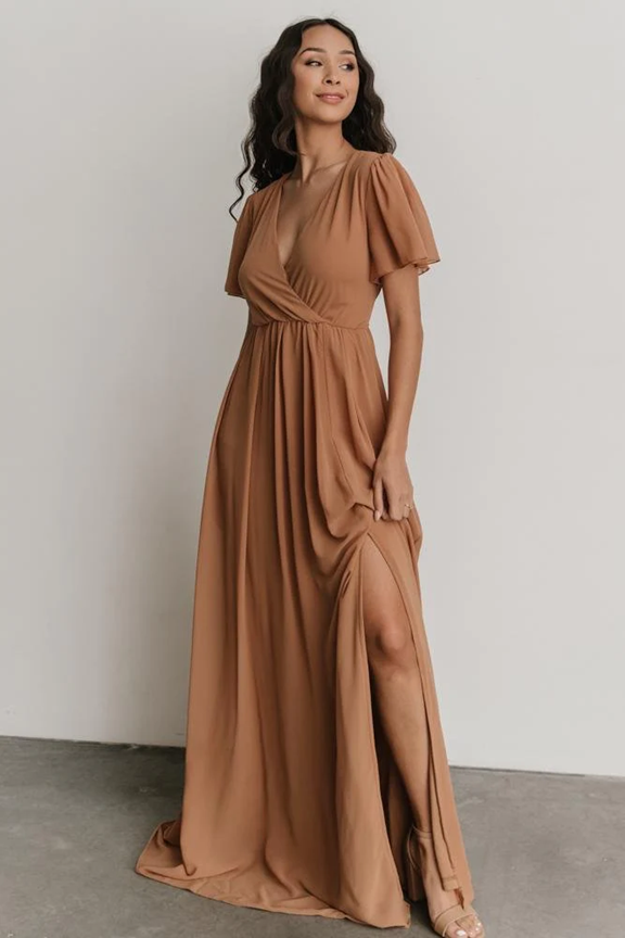 A brown flowy maxi dress with short sleeves shown from different angles on a light background.