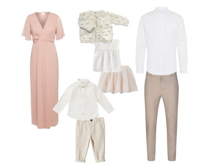 Coordinated family photo outfit set featuring blush maxi dress, white shirts, beige pants, and children's cream ensemble.