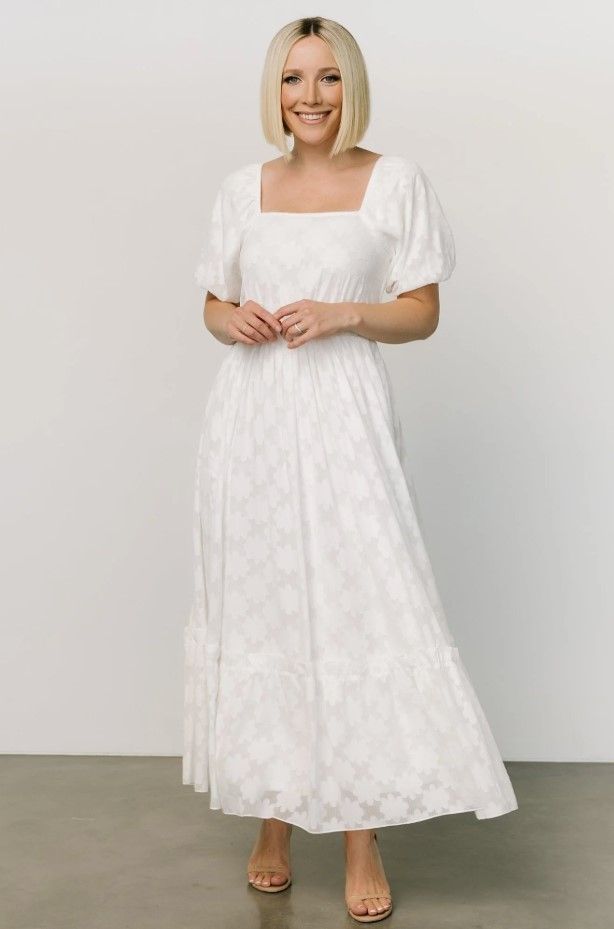 White textured maxi dress with square neckline and puff sleeves shown in multiple views.