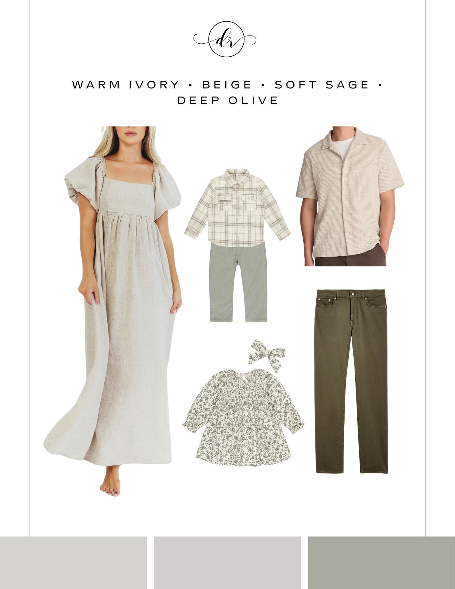 Warm ivory, beige, soft sage, and deep olive family outfit coordination guide featuring maxi dress, plaid shirt, floral top, and pants.
