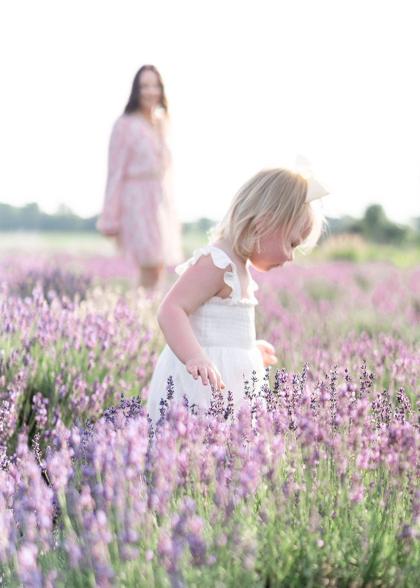 Two people in white and pink dresses stand among blooming purple lavender flowers in a dreamy summer field.