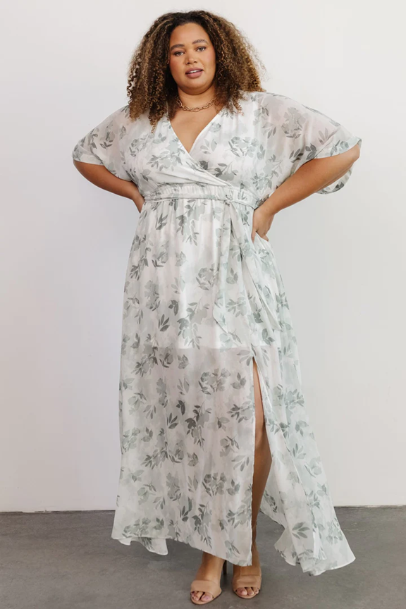 White floral print maxi dress with side slit and flutter sleeves shown in various angles.