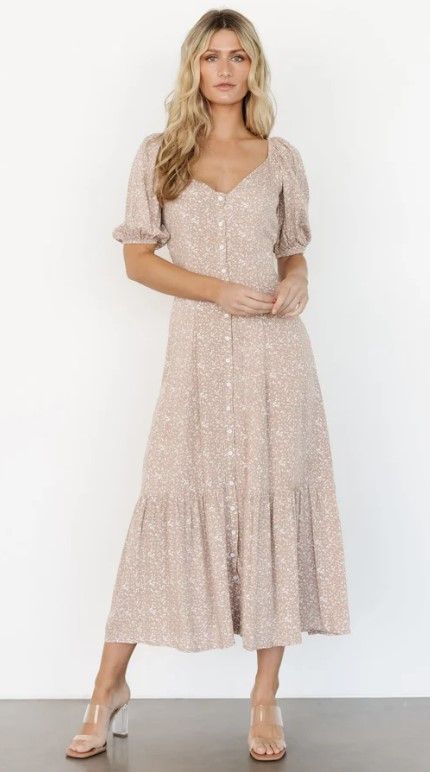 Flowy beige sequined midi dress with puff sleeves and tiered skirt shown from multiple angles.