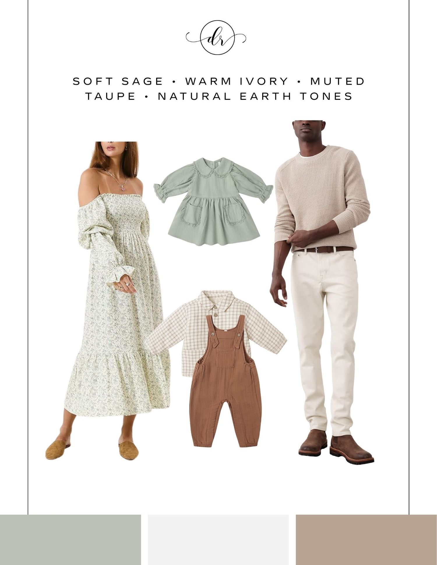 Family photo outfit guide in soft sage, warm ivory, muted taupe, and natural earth tones for coordinated looks.