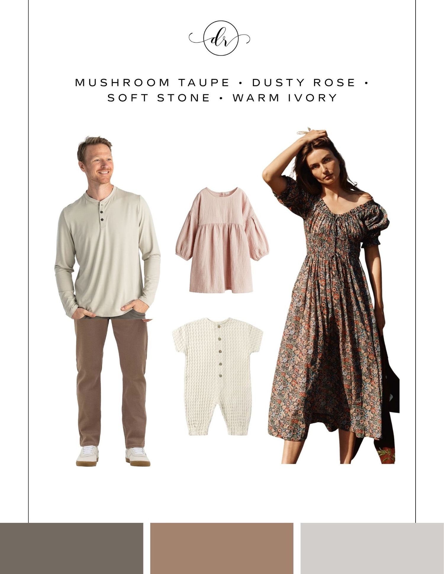 Family coordinated outfits in mushroom taupe, dusty rose, soft stone, and warm ivory tones for photo sessions.